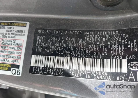 2005 Toyota Corolla Ce из США, поврежденный, VIN 2T1BR32E45C464544